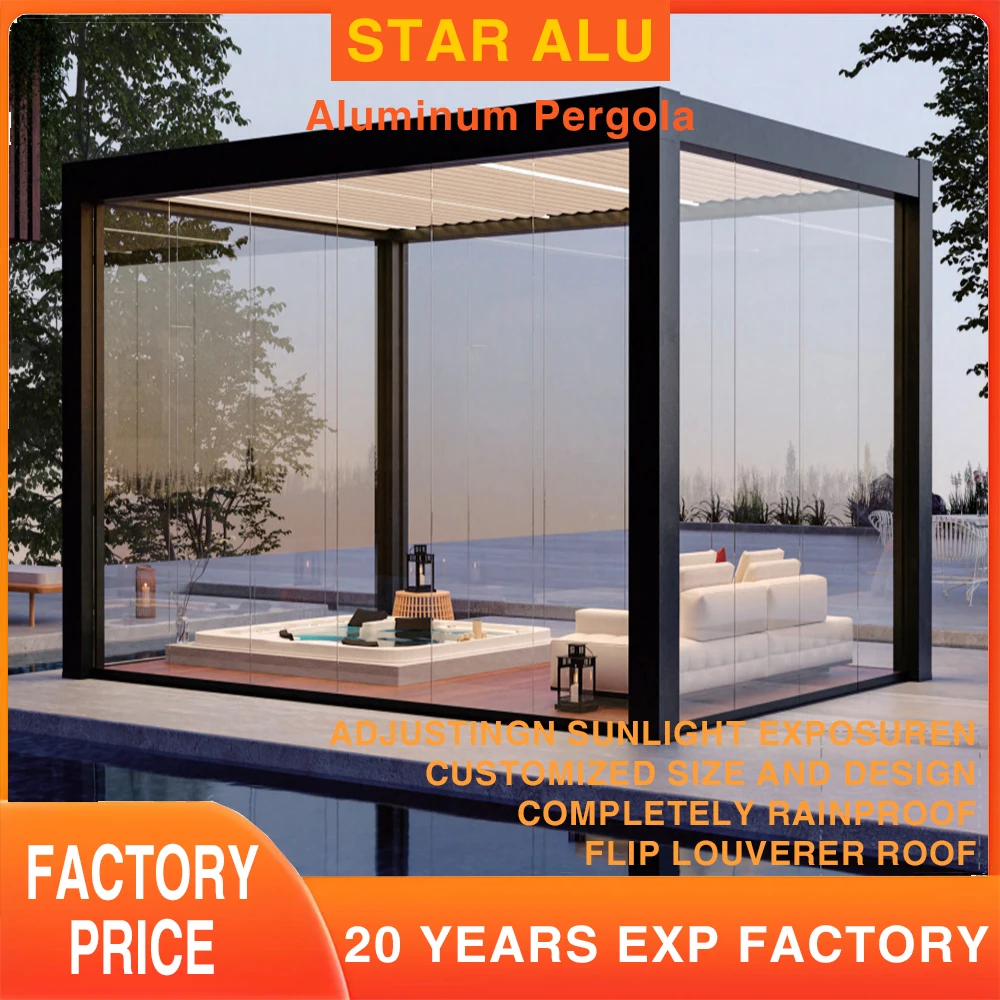 Bioclimatic 6063 T5 Aluminum Motorized Louvered Pergola Retractable Electric Gazebo LED Lighting Swimming Pool Waterproof Outdoo