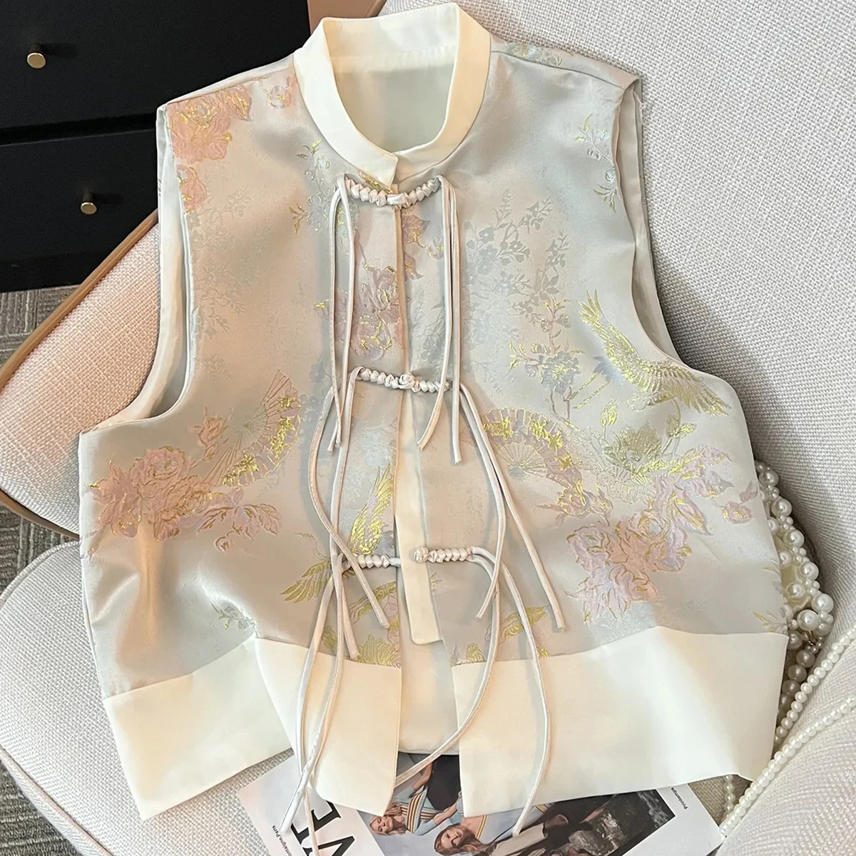 

Large Size Silk Satin Vest Women's Faion Age Reduction Meat Concealment Spring Autumn New Sle Stand Collar Button up Top