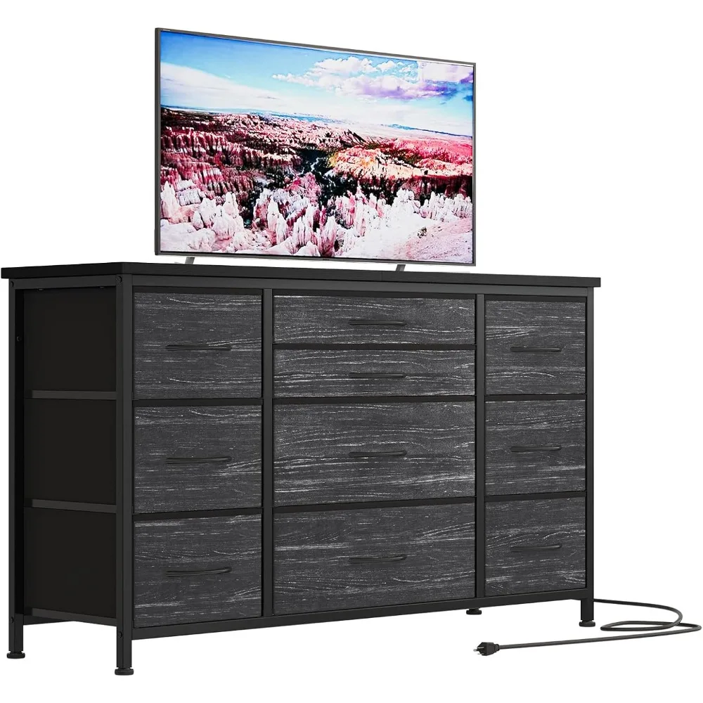 

Wide Dresser with 10 Large Drawers for 55'' Long TV Stand with Power Outlet Entertainment Center, Storage Fabric Drawer Unit