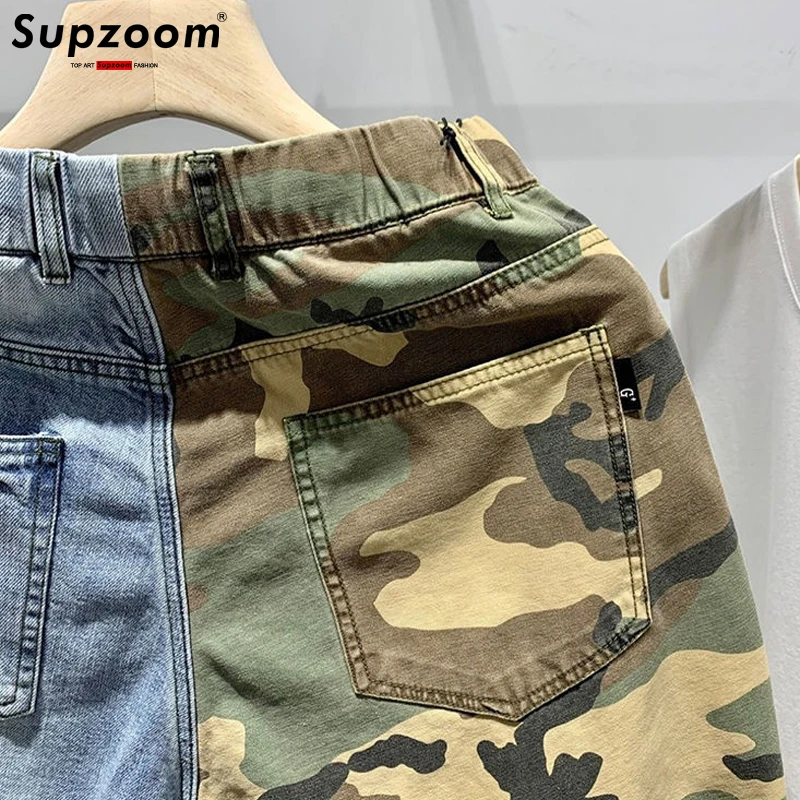 Supzoom 2023 nuovo arrivo vendita calda Ulzzang estate modello lunghezza cerniera Fly Stonewashed Camouflage Patchwork Jeans Shorts uomo