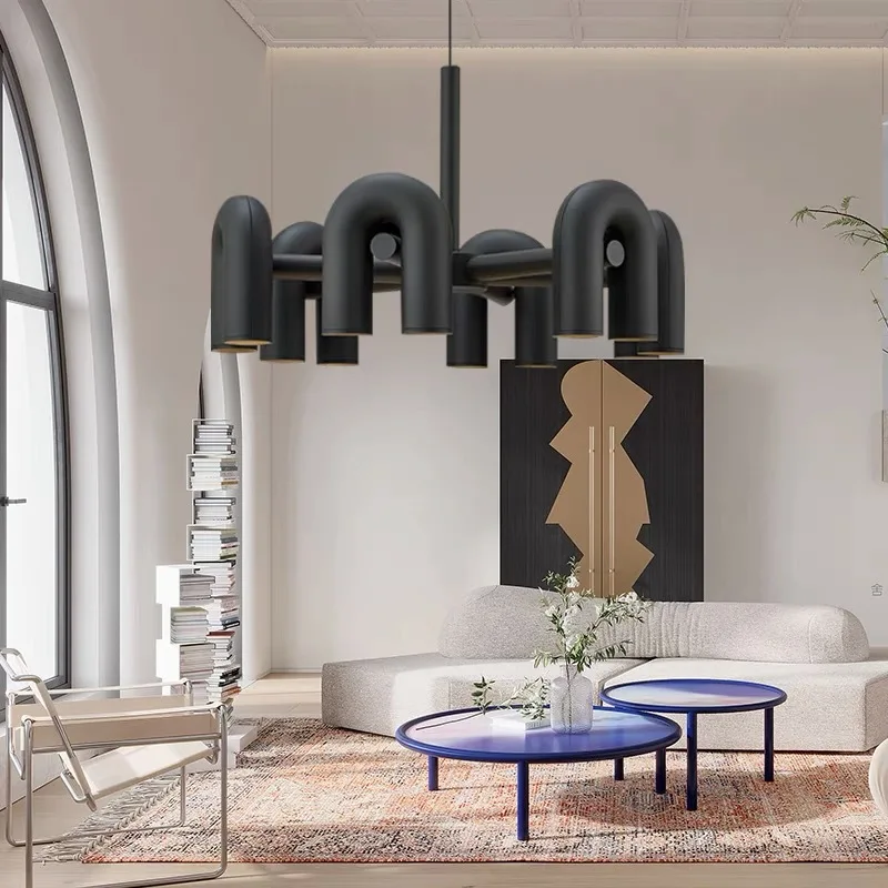 Art Deco U Tube Chandelier Orange Blue Gray Black Metal For Dining Room Kitchen Bar Shop Pendant Lamp Cord Adjustable