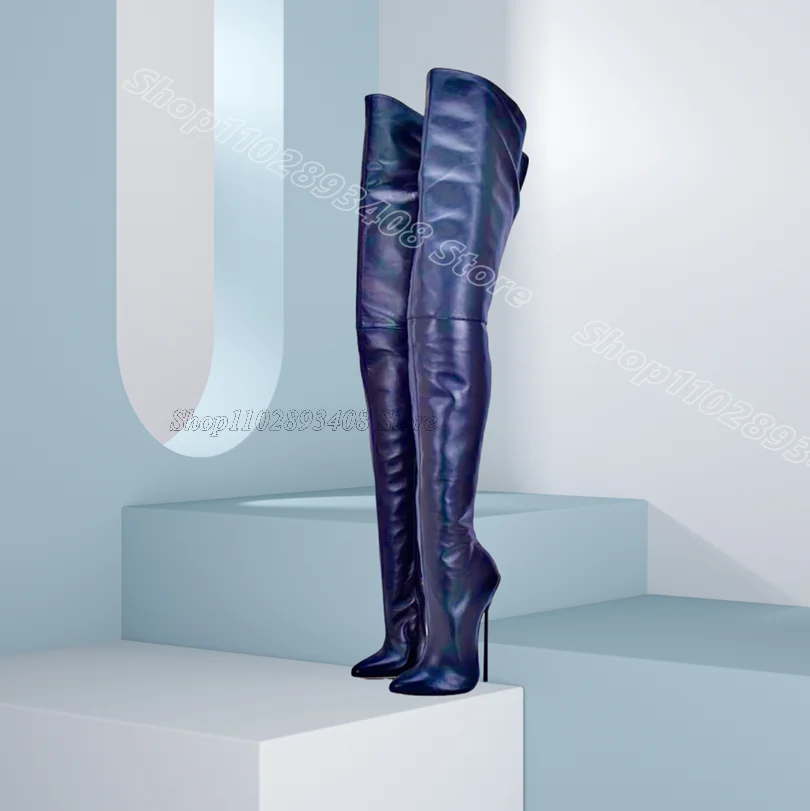 

Blue Leather Stiletto Solid Sexy Boots Pointed Heels New Fashion Spring Women Party Casual Over Knee Boots Zapatos Para Mujere
