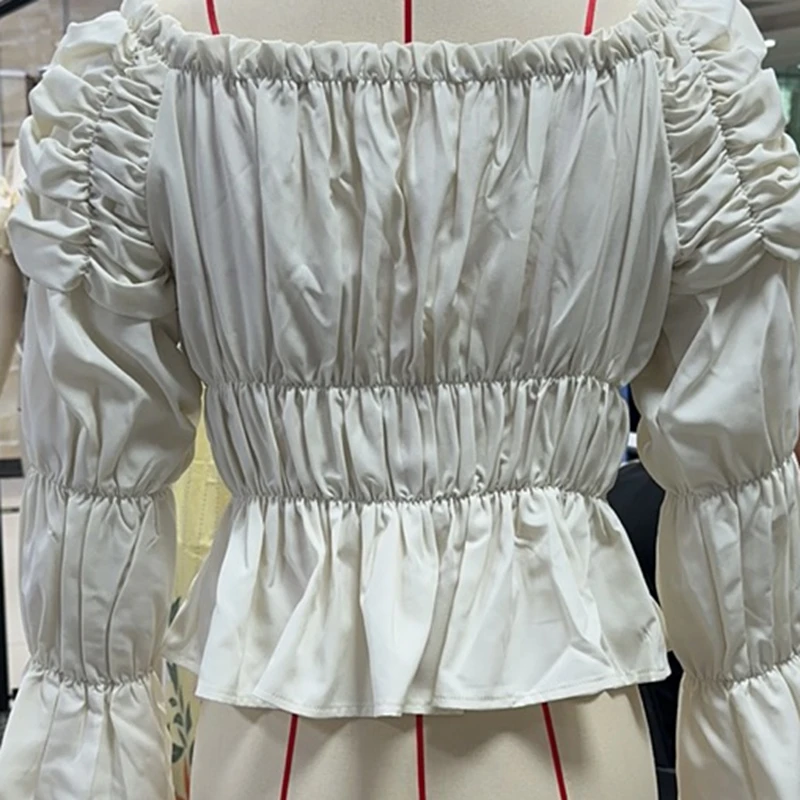 

Элегантные складные топы с открытыми плечами для женщин, модная однотонная свободная блузка с расклешенными длинными рукавами