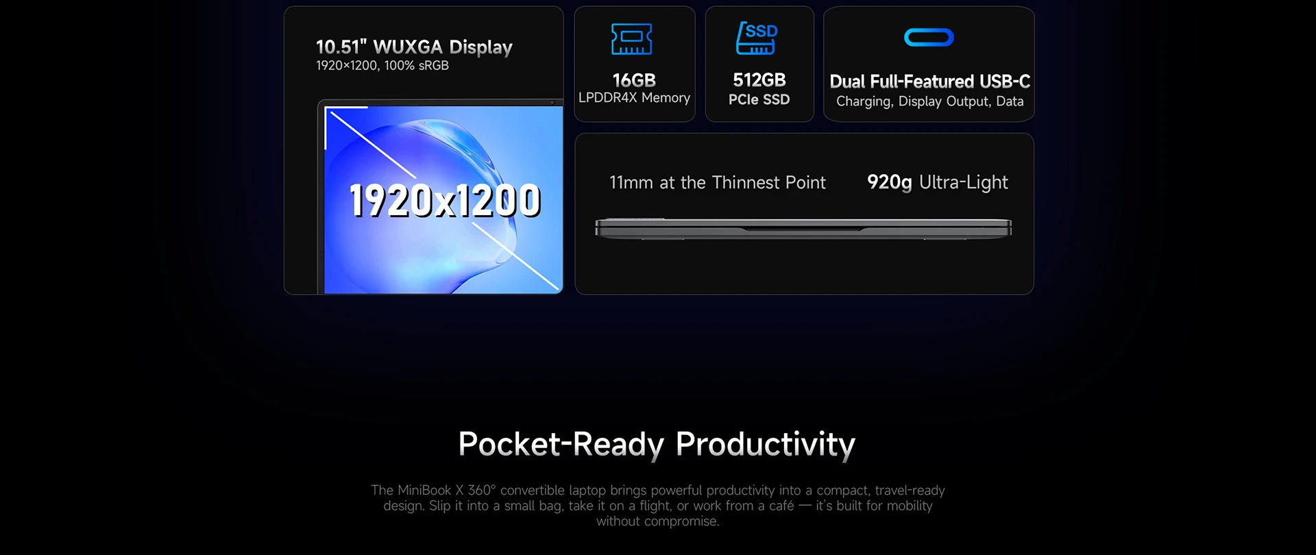 CHUWI MiniBook X 2-in-1 Laptop-Tablet Intel U300 CPU 10,51' FHD IPS Bildschirm 16GB LPDDR4 512GB SSD Windows 11 Notebook PC WIFI 6 – Detail 3