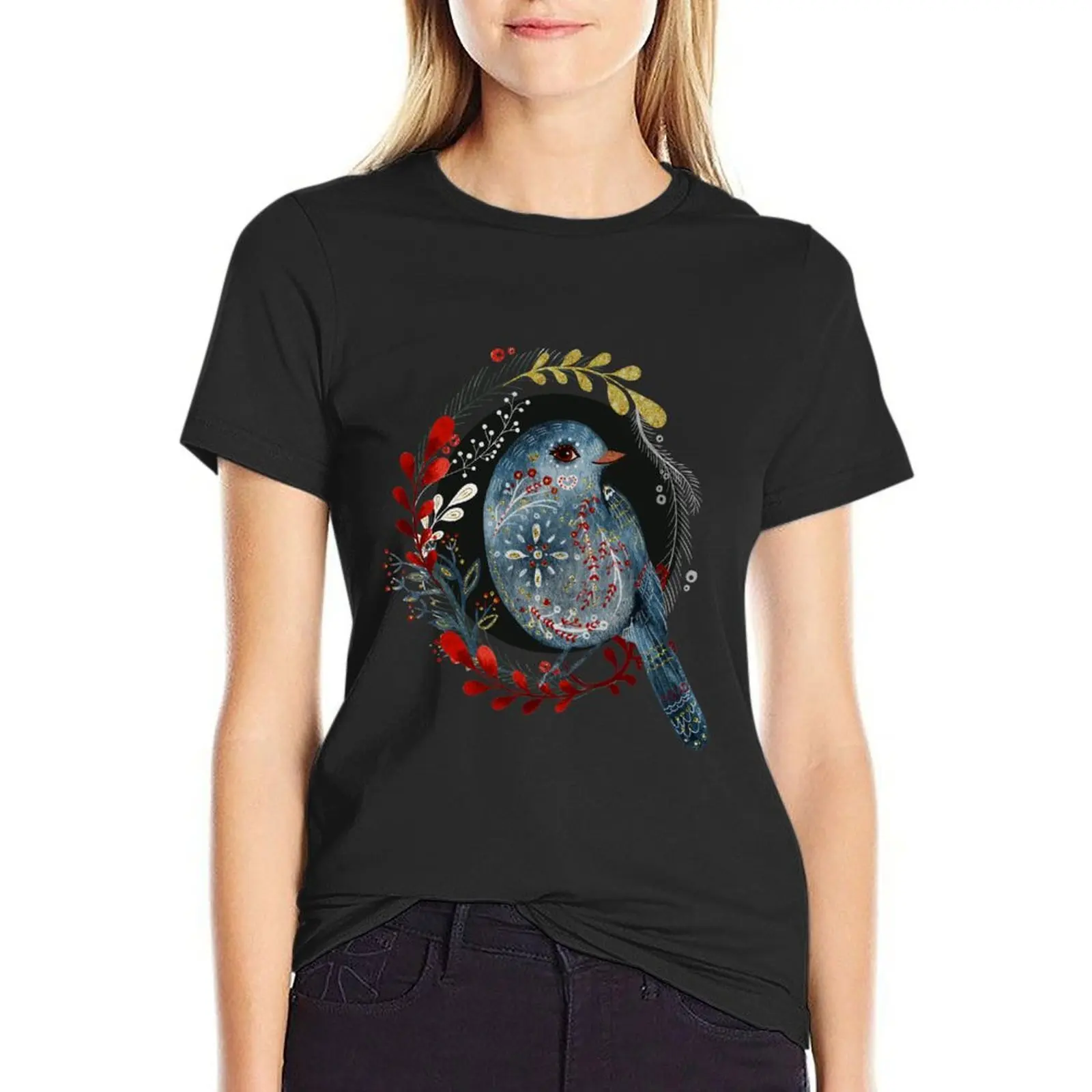 

Folk Christmas Animals - Bird 01 T-Shirt female animal print shirt for girls shirts graphic tees white t shirts for Women
