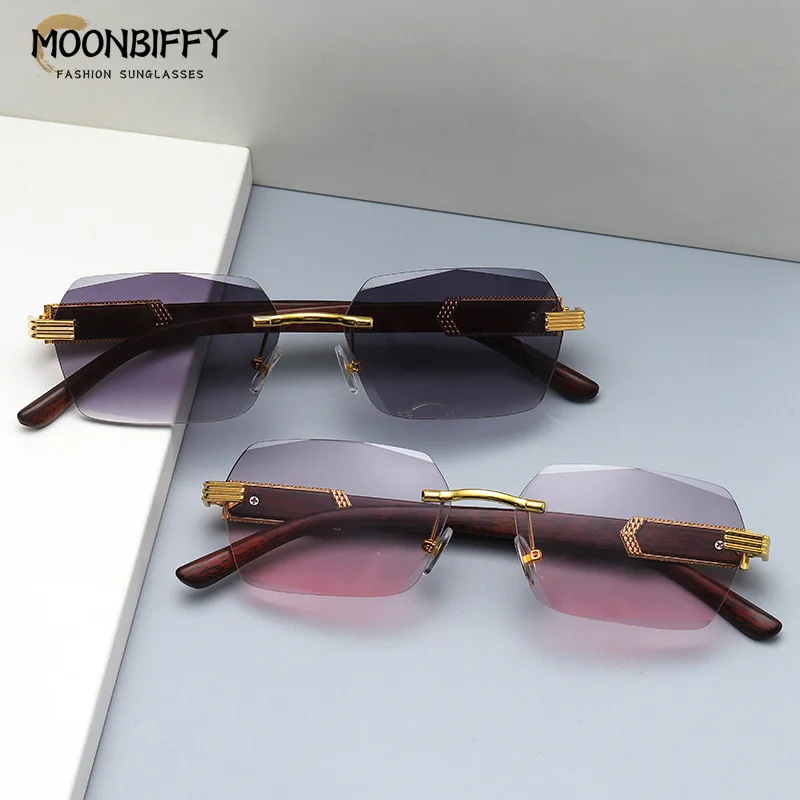 Luxury Rimless Square Sunglasses Man Small Rectangle Frameless Gradient Sun Glasses Woman Fashion Vintage Wooden Oculos De Sol