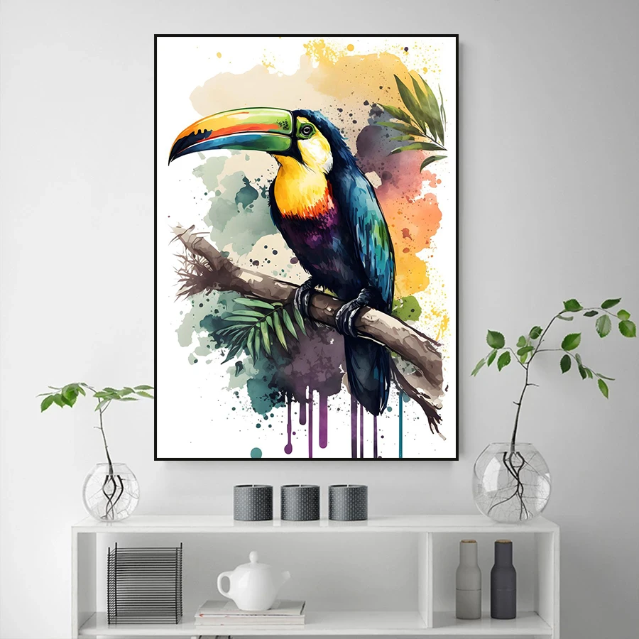 Watercolor Birds Sparrow Parrot Toucan Wall Art Canvas Painting Nature Animal Poster  Print Picture for Living Room Home Decor