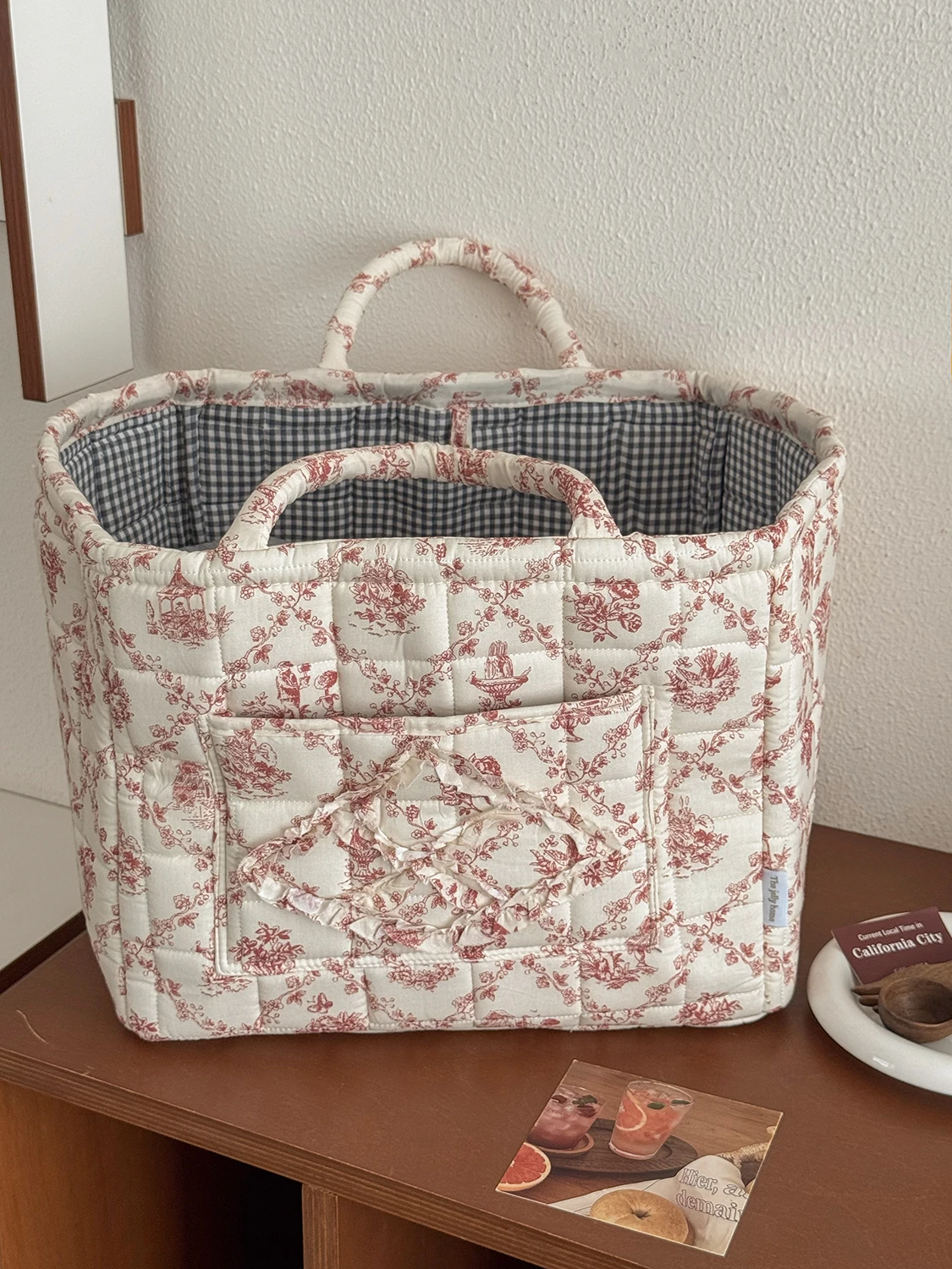 Colorful Vintage Floral Organizers Basket With Handle Portable Home Quilted Foldable Storage Basket For Snack Clothes Toys Bag