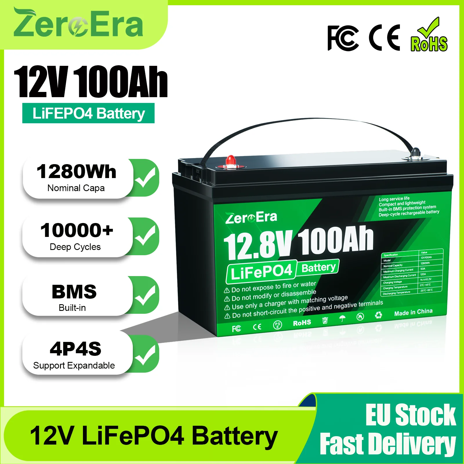 ZeroEra 12V 100Ah LiFePO4 Batterie 1280Wh Hohe Kapazität Eingebautes BMS 10000+ Zyklen Lithium-Eisenphosphat-Batterie Unterstützt 4S4P-Verbindung für Wohnmobile, LKWs, Camper, Reisen, Zuhause,