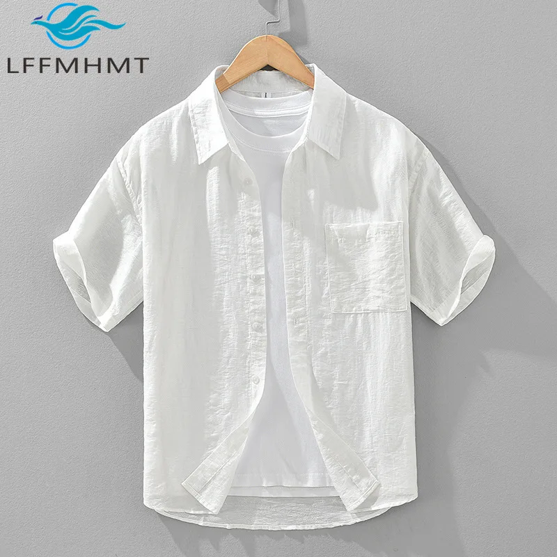 

1299 Linen Blended White Shirt Men Summer Fashion Japan Style Solid Color Short Sleeve Simple Basic Thin Comfortable Tops Male