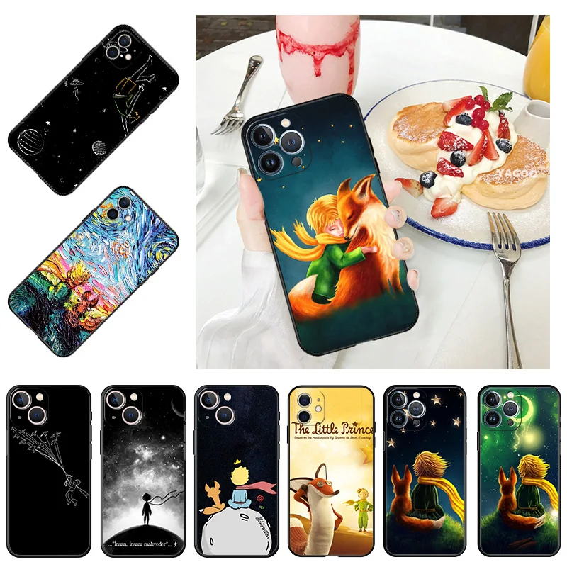 The Little Prince Black Phone Case For iPhone 14 13 12 11 Pro Max Mini X XR XS SE 7 8 Plus Shockproof Bumper Cute Fox Soft Cover