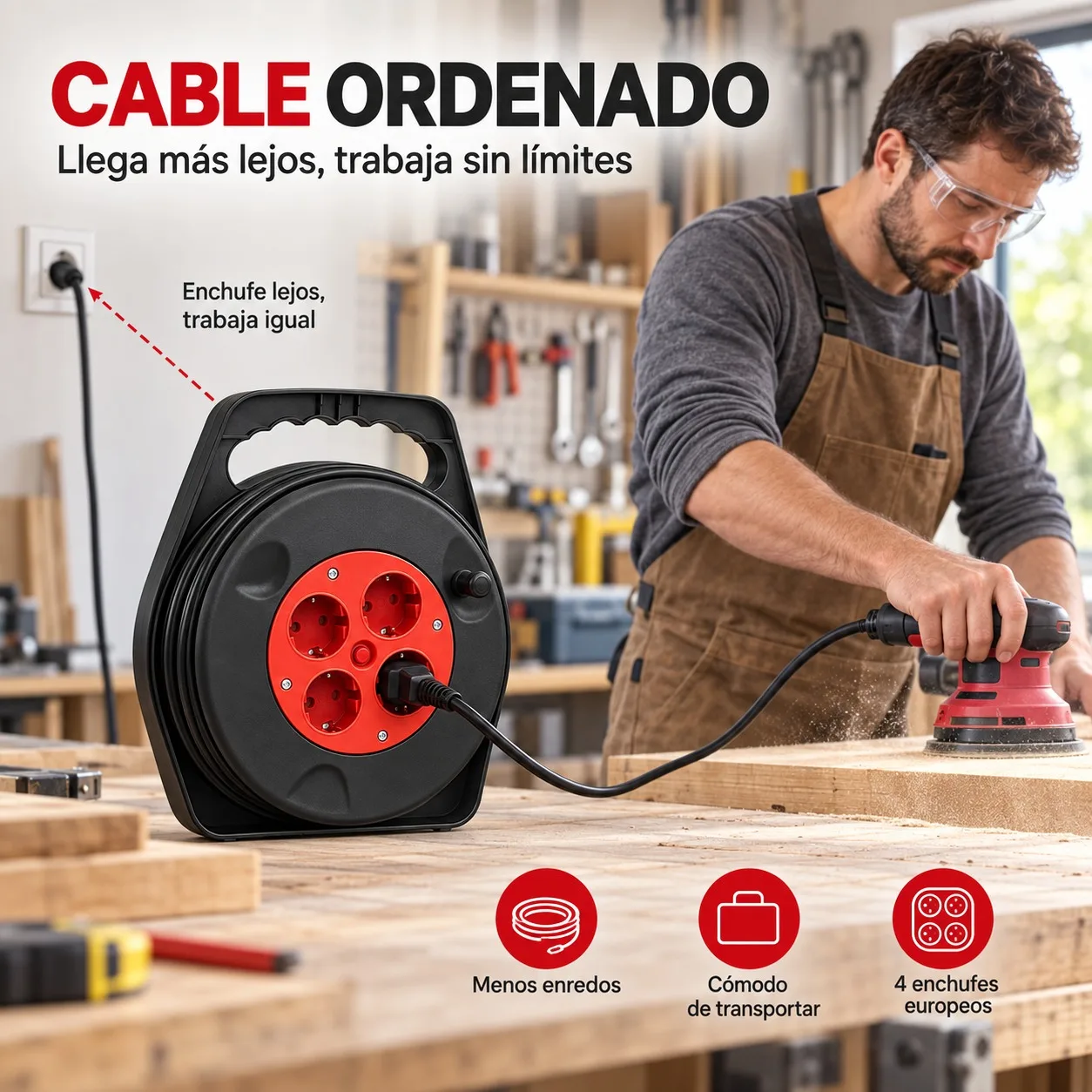 Avvolgicavo elettrico con 4 prese Schuko e protezione termica, modello portatile da 5 o 10 metri, ideale per la casa e l’officina, potenza massima 2300 W, con manico ergonomico e sistema di controllo.