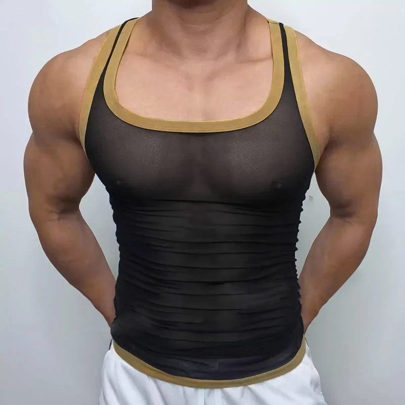 Neue Männer Mesh Tank Tops Sommer 2025, Clubwear Casual Weste U Neck Ärmellose Kontrast Farbe Fishnet T-shirt Komfortable Chic Tees – Detail 8