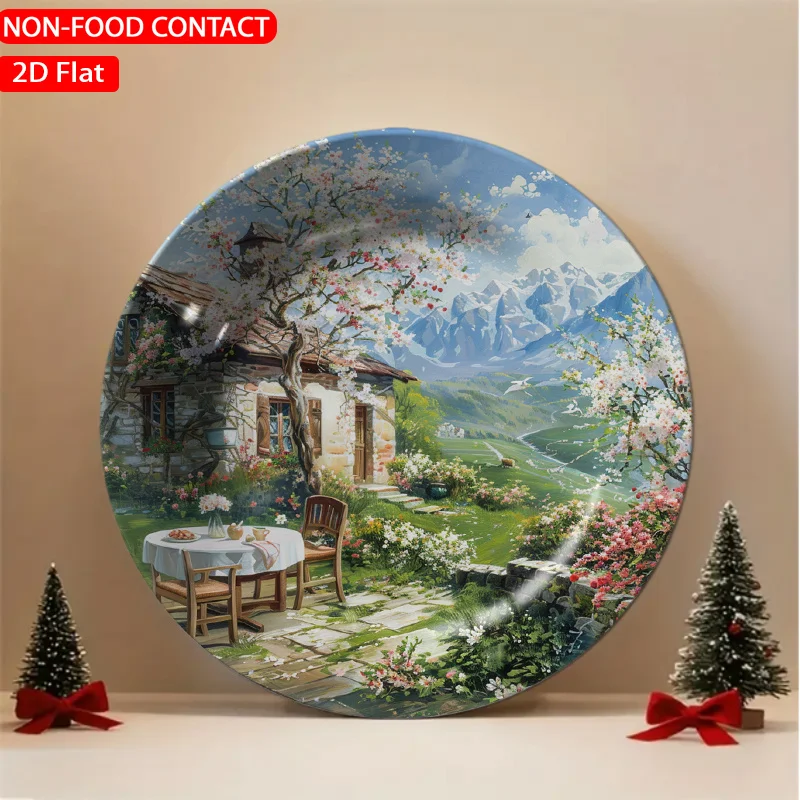 1pc Elegant Scenic Cottage Blossom White Ceramic Plate - Suitable for Home Desk Decor, Non-Food Contact Plate for Living Room,