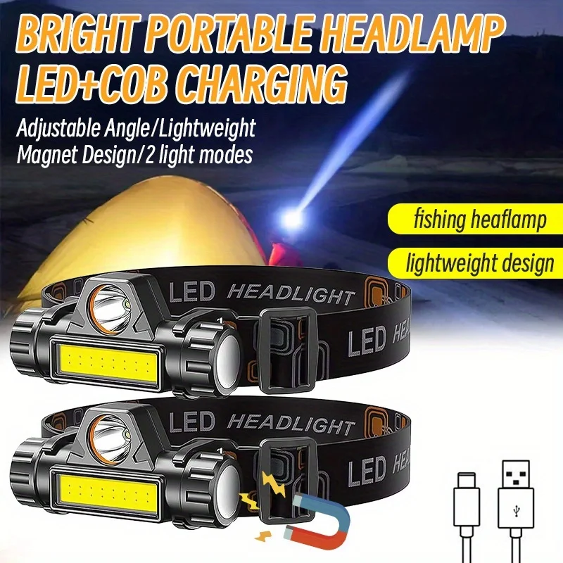 USB Rechargeable Fishing LED Headlamp Camping Headlight XPE COB Work Light 2 Lighting Modes with Tail Magnet Head Torch