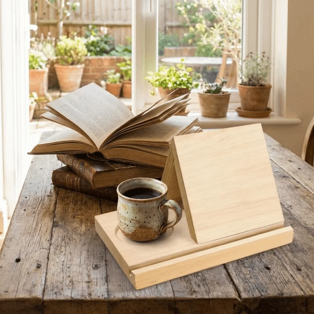 2 in 1 Triangle Wooden Book Holder Decorative Simple Triangle Book Stand Sturdy with Cup Holder Reading Stand Home Decor