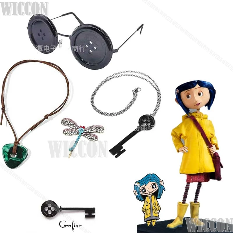 Horror Movies Coraline Cosplay The Key Necklace Cos Prop Wig Hairclip Secret Door Button Glasses Halloween Scary Roleplay Women