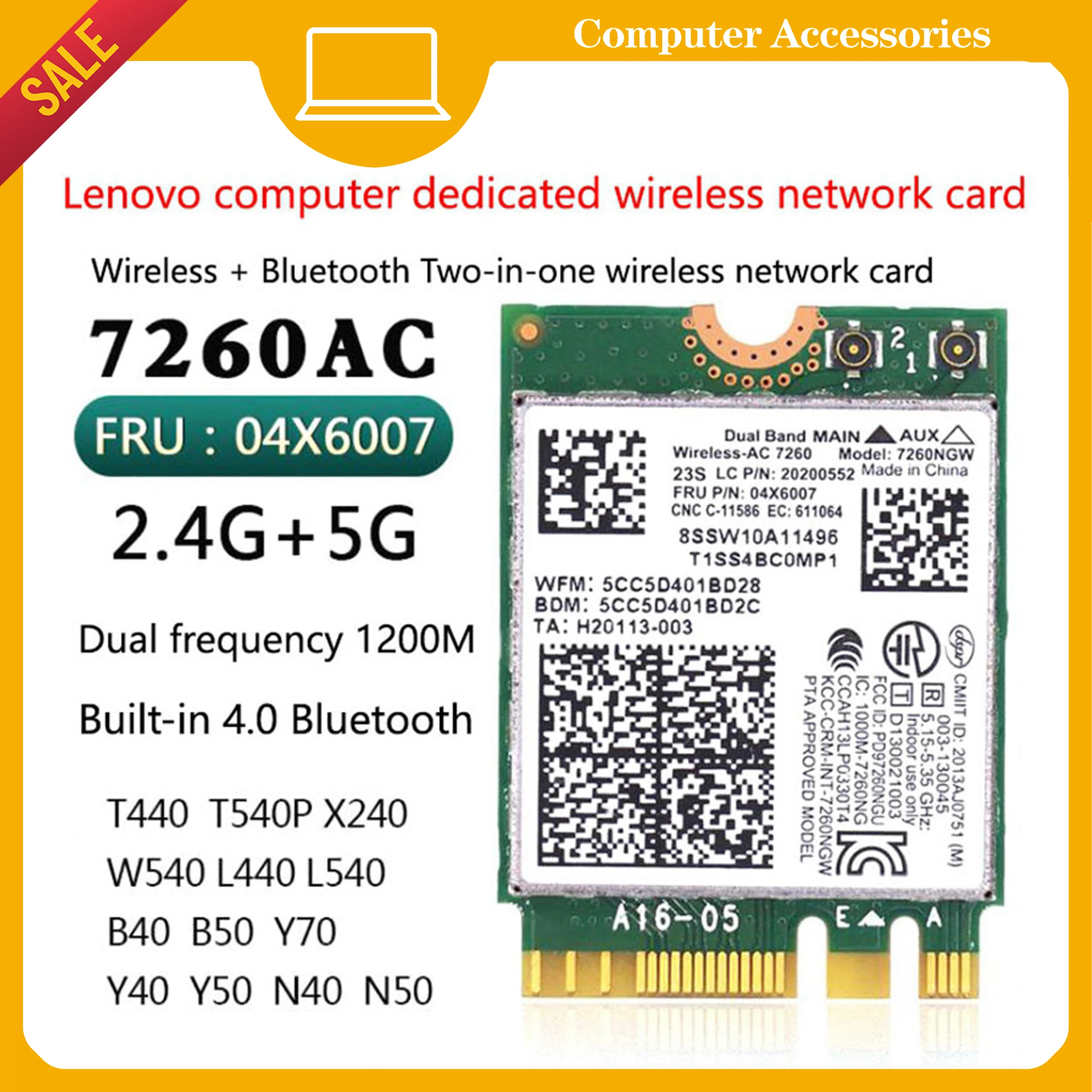 For Thinkpad x230s x240s t440 x240 X250 w540 t540 Yoga T540P y50 Intel 7260ac 7260NGW 7260 ac 2.4/5G BT4.0 FRU 04X6007 WiFi Card