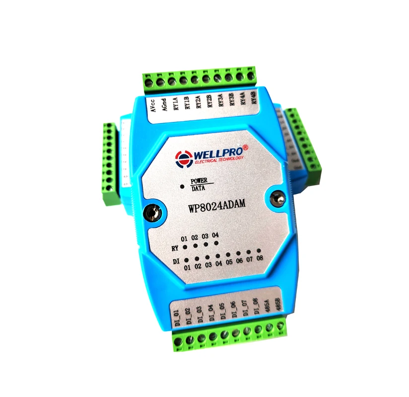 WP8024ADAM 8DI 4RO 8ch Digitale Ingang 4ch Relaisuitgang Modules Optocoupler Geïsoleerde RS485 Modbus Rtu Communicatie