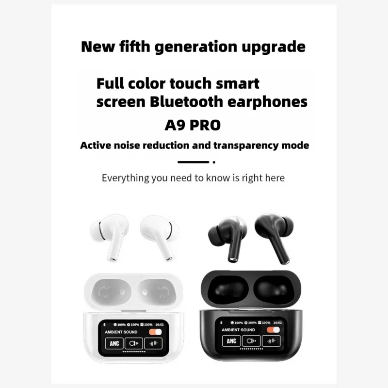 2024 New Hot Sellers A9 Pro ANC Wireless Earbuds with LED touch Screen TWS Bass Pop-up Alarm GPS Headphone with Headphone