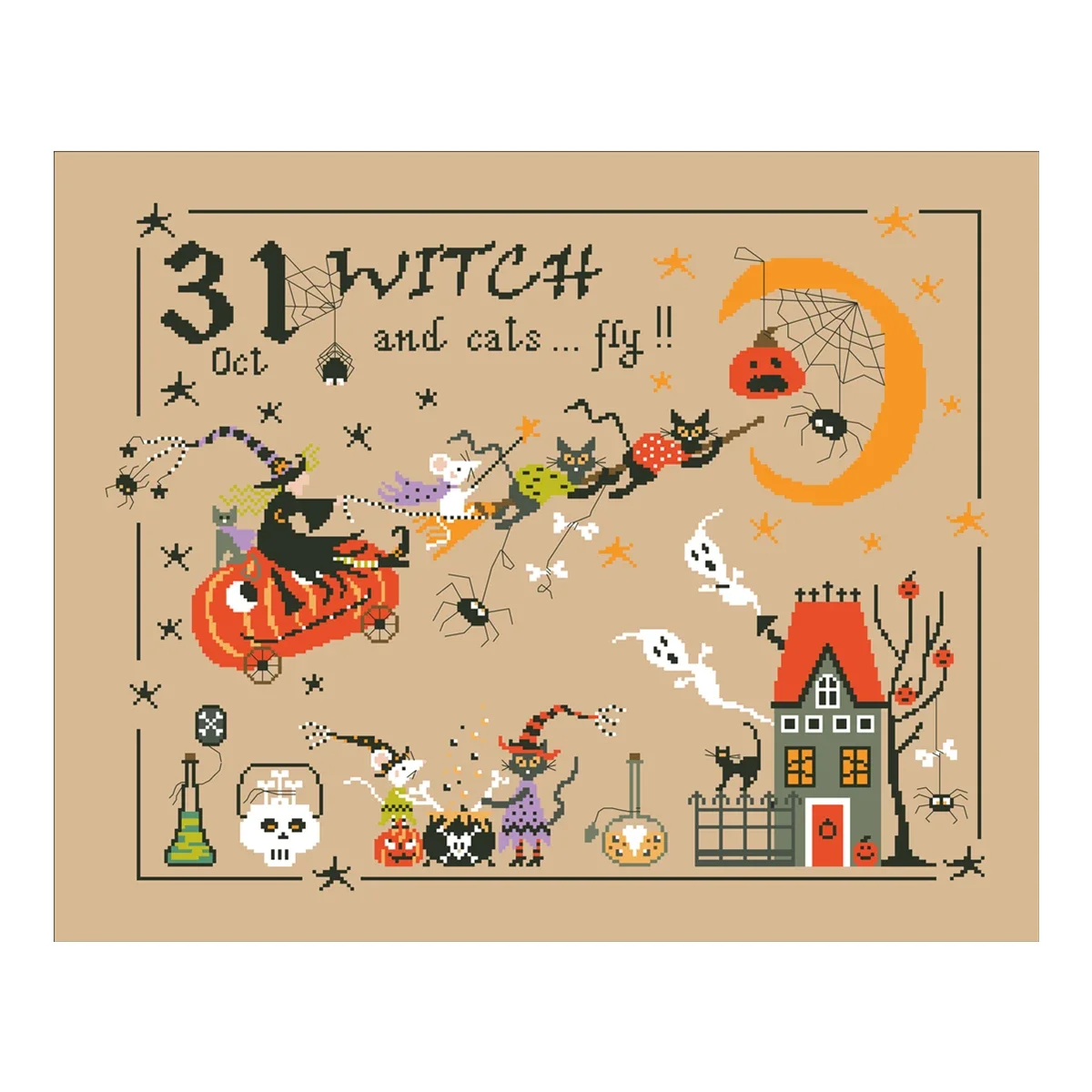 Czarownica i koty mucha zestaw do haftu krzyżykowego Halloween kreskówka 18ct 14ct 11ct lniane płótno lniane haft DIY