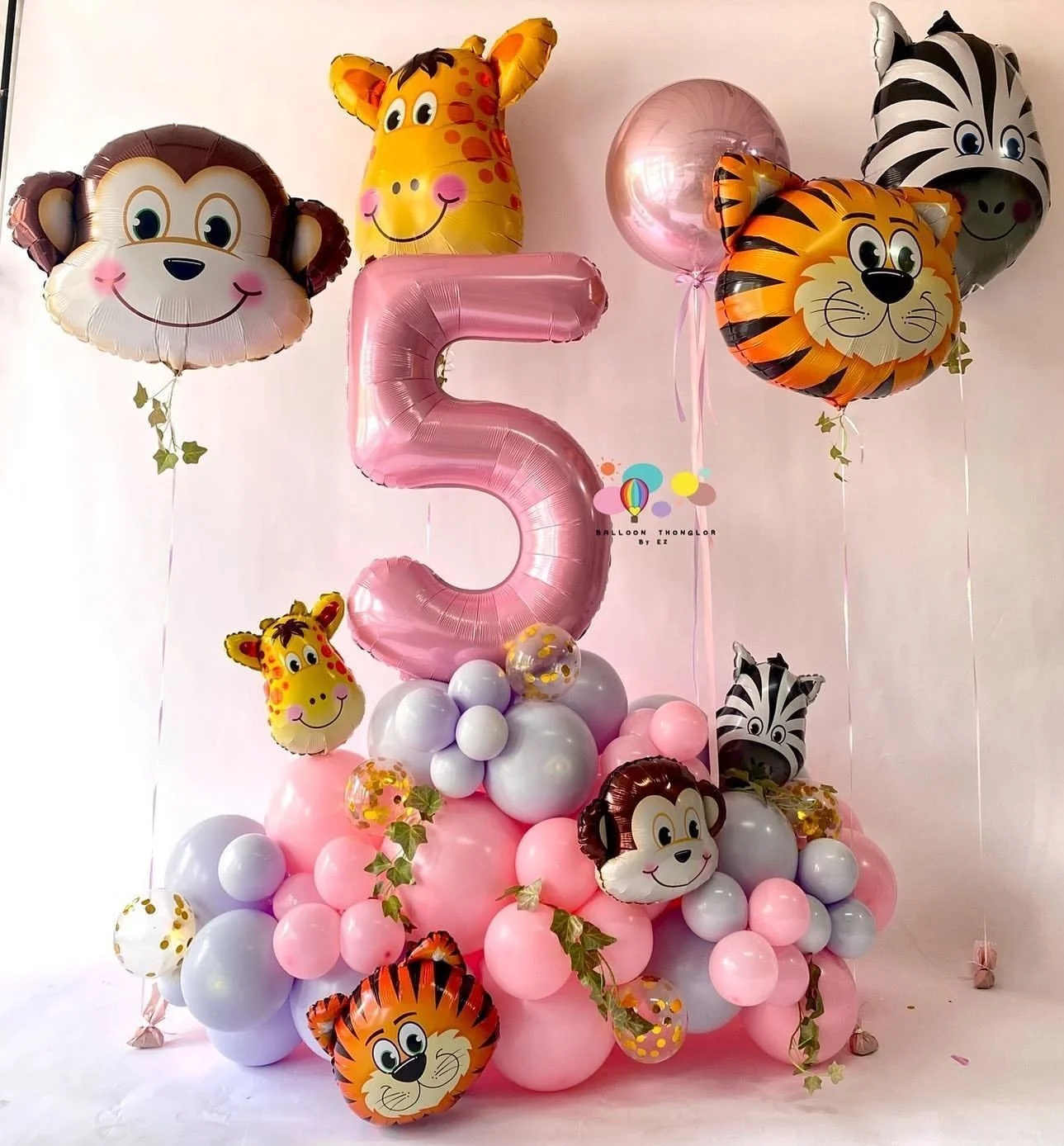 31pcs Wild Animal Pink Balloon Tower with 1-9 Number Balloon for Girl's Wild One Themed Birthday Jungle Safari Party Decoration
