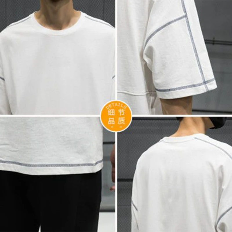 100% Cotton Patchwork Summer Short Sleeve Men T Shirts Fashion Casual Oversized Clothing Cool Bright Line Decoration Streetwear