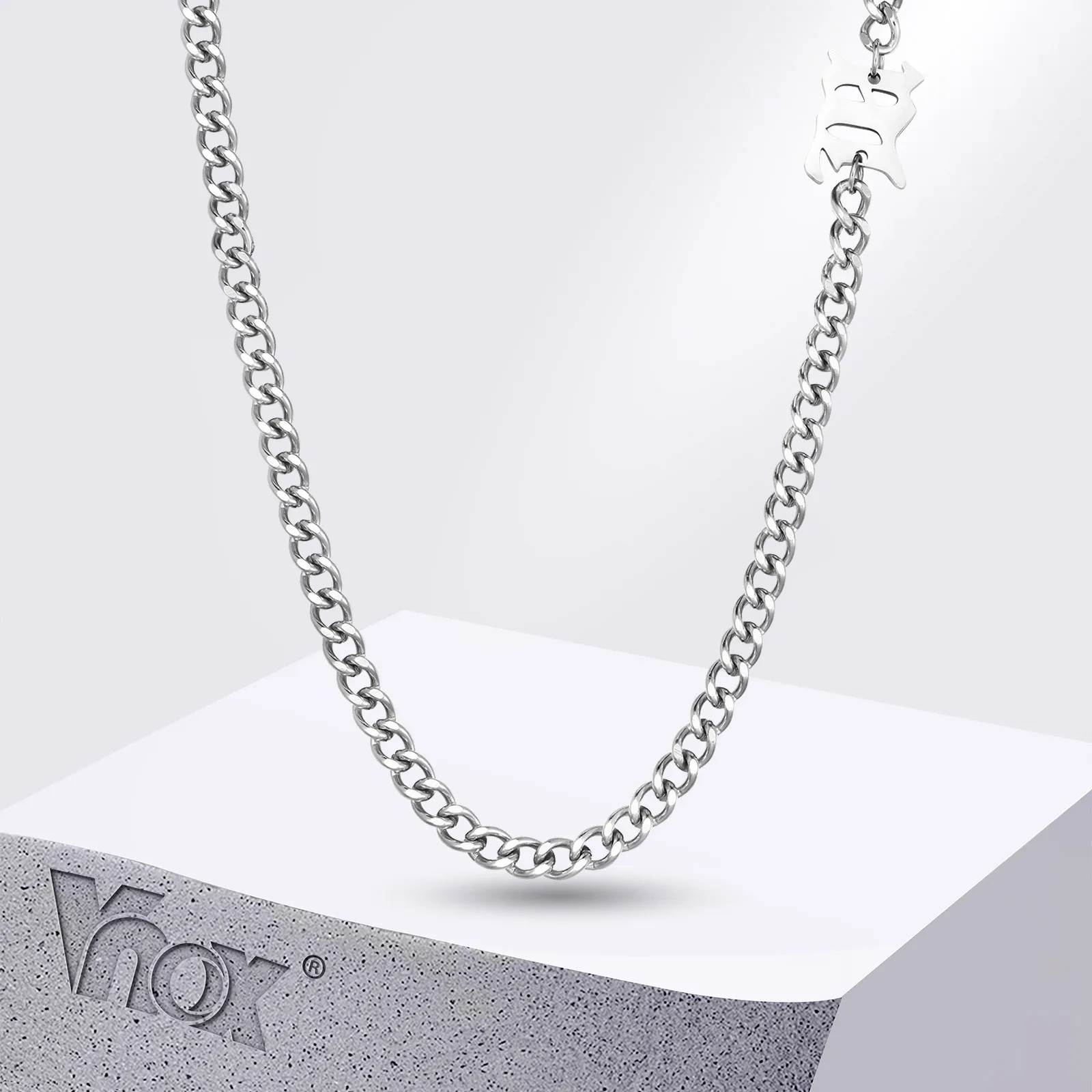 Vnox Letter M Charm Slide Necklaces for Men Women, Unisex Waterproof Stainless Steel Cuban Link Chain Necklaces Collar