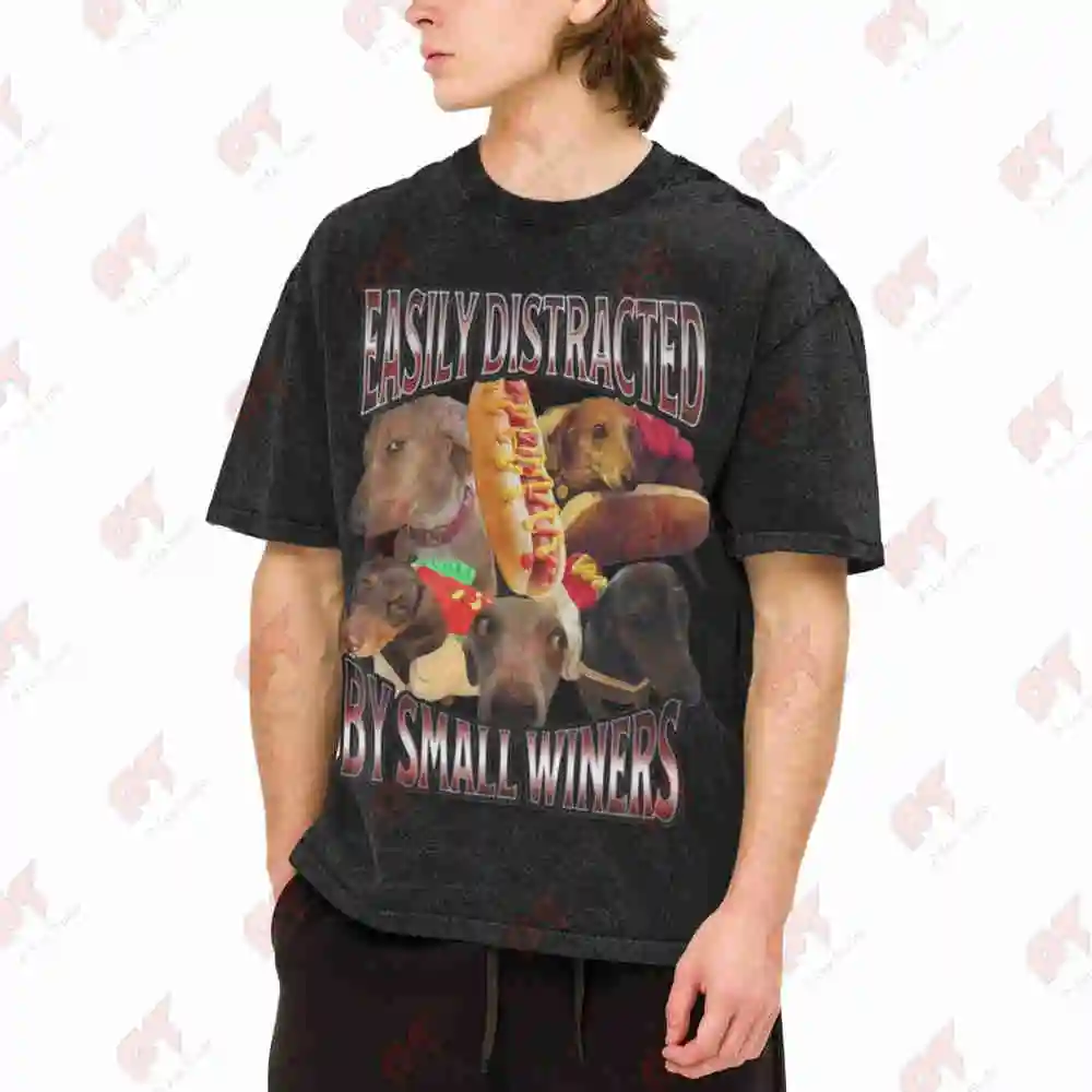 Dachshund Easily Distracted Small Wieners Vintage Washed Tee Pure Cotton T-Shirt