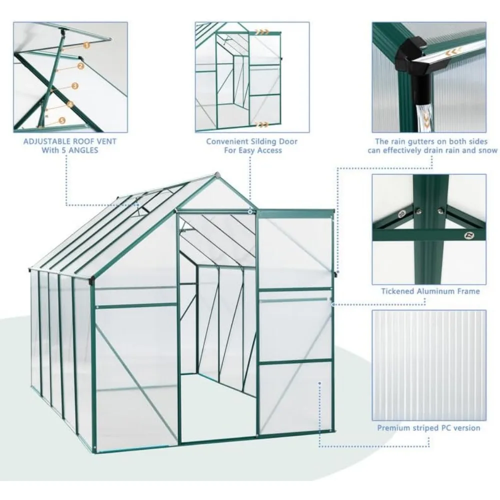 6 X 10 FT Greenhouse，Greenhouses with Adjustable Roof & Sliding Door, Polycarbonate Outdoor Green Houses, Garden Green House