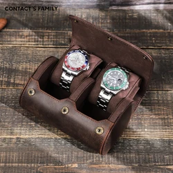 CONTACT'S FAMILY Retro 2 Slots Watch Roll case Travel Portable Leather Travel Watch Storage Box Organizer with Slid in Out