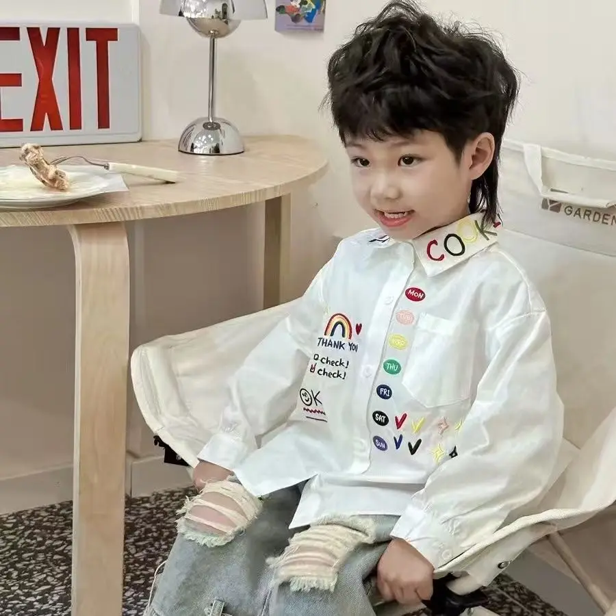 

Spring and Autumn New Boys' and Girls' Long sleeved Shirts with Dopamine Rainbow Printing and Western Style White Shirt Jacket