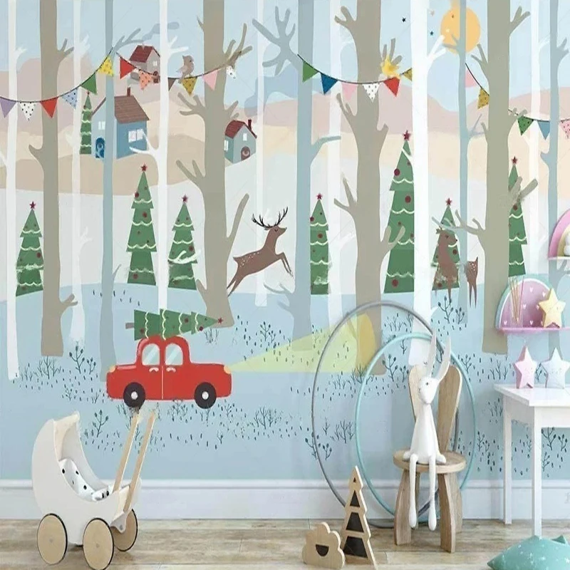 MU8743 Nordic Instagram hand-drawn cartoon forest deer cute house children's room background wall