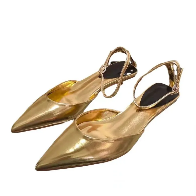 Pointed Toe Women Luxury Sandals Sexy Ankle Strap 2024 Summer Shallow Slingback Gold White Low Heels Leather Ladies Dress Shoes