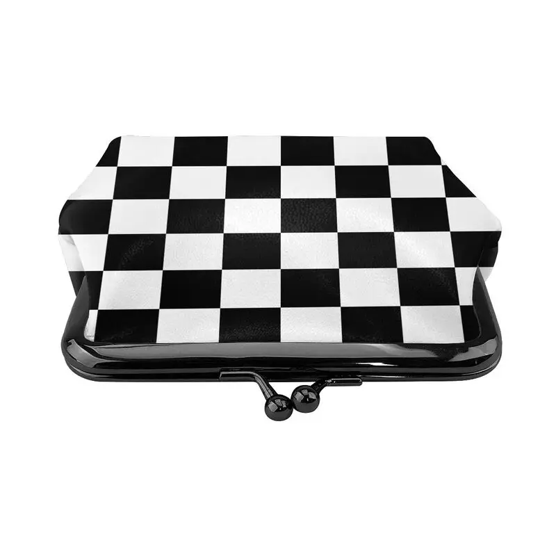 Black and White Checkered Leather Coin Purse Women Small Kiss-Lock Change Pouch Clasp Closure Portable Buckle Wallet