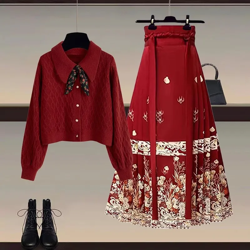 

Красный свитер и юбка в стиле Ханьфу: комплект из двух предметов для празднования Нового года, новинка ранней весны, модная женская одежда