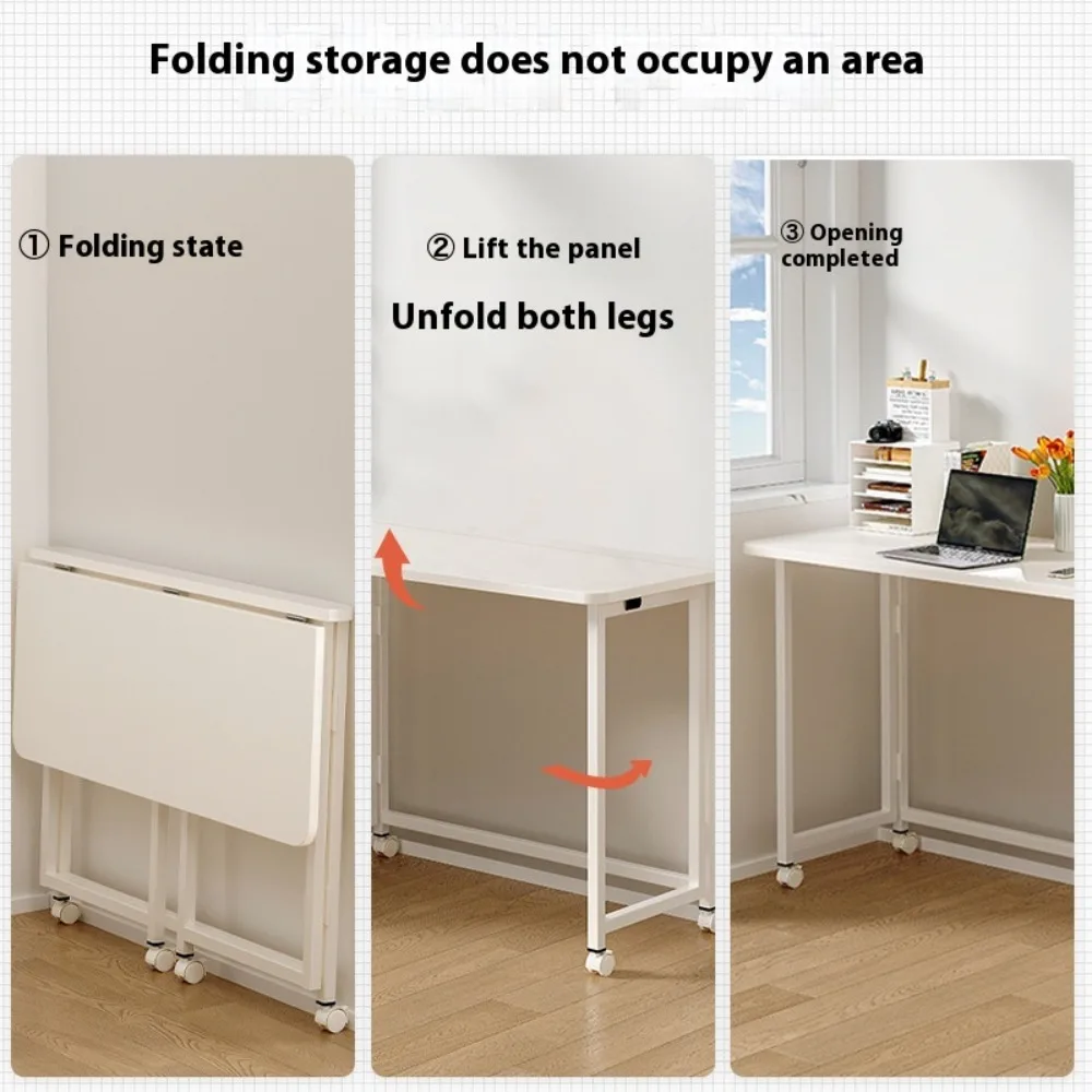 Folding Mobile Computer Desk with Wheels for Learning and Office Work, Simple Foldable Household Table Suitable for Small Units