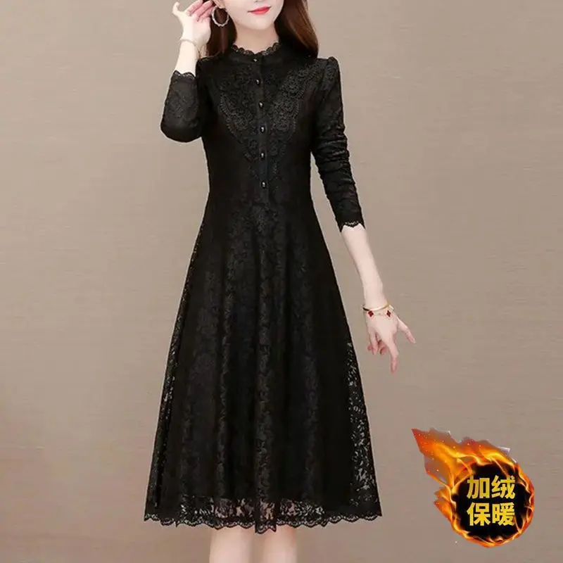 2023 Winter Women's New Fashion Half High Neck Lace Bubble Sleeves Solid Color Thickened Dress Fashion Casual Versatile Dress