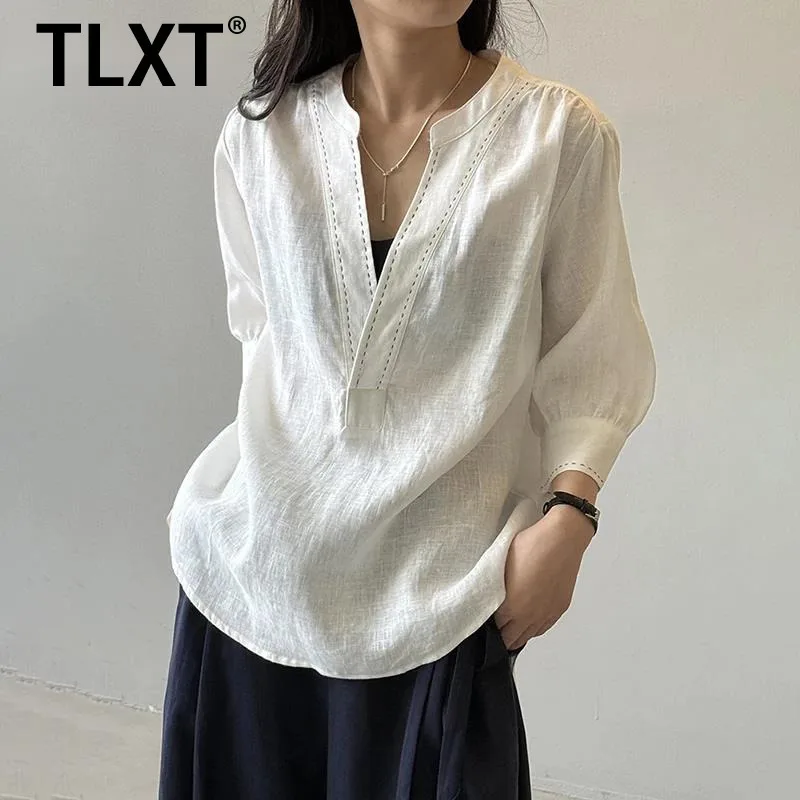 

TLXT повседневные льняные солнцезащитные пуловеры, рубашки, женские свободные блузки с v-образным вырезом и длинными рукавами, темпераментные женские топы, новинка лета 2023 г.