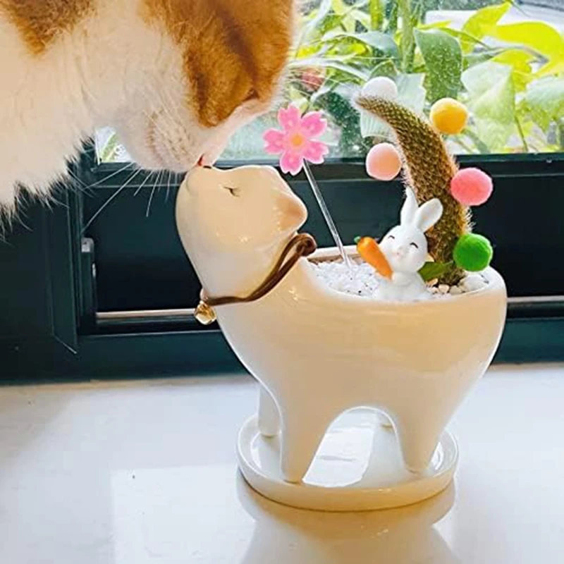 2 Buah Pot Tanaman Penanam Kucing Pot Bunga Hewan Dekoratif Keramik dengan Lubang Drainase dan Piring Baki