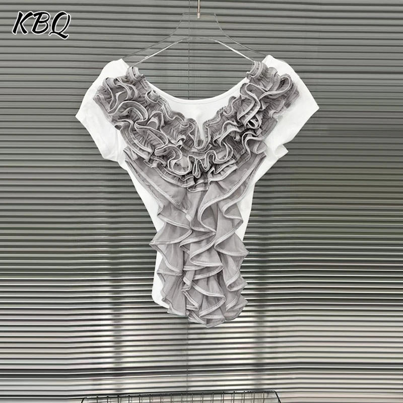 

KBQ Hit Color Slim Fit Дизайнерские футболки для женщин с круглым вырезом и короткими рукавами, сращенными складками, темпераментная футболка на домашней основе, женская