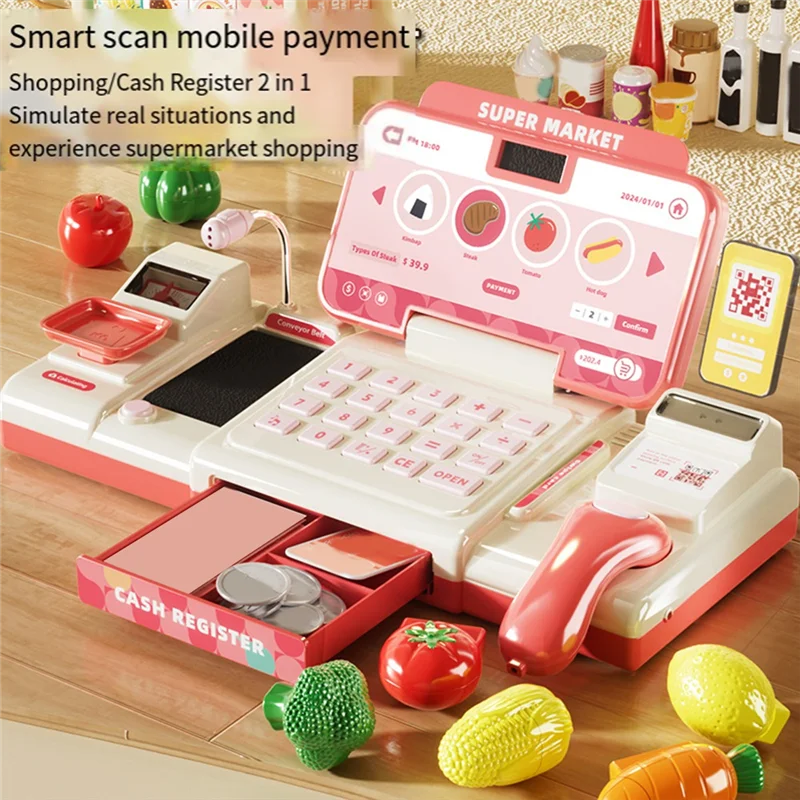 ABUM-سوبر ماركت ماكينة تسجيل المدفوعات النقدية للتسوق التعرف الذكي التظاهر اللعب مع ميكروفون الماسح الضوئي للأطفال