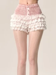 ADAgirl Pink Pearl Ruffles Shorts Skirts Women Kawaii A-line Shorts with Lace Ballet Cutecore Summer Sweet Girl Elastic Bottoms