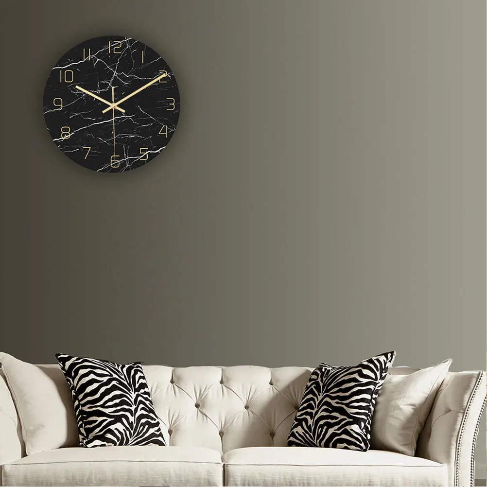 

1pc Marble Wall Clock Household Clock For Home Decor Round Printing Silent Non-Ticking Corrosion Resistant Easy Install