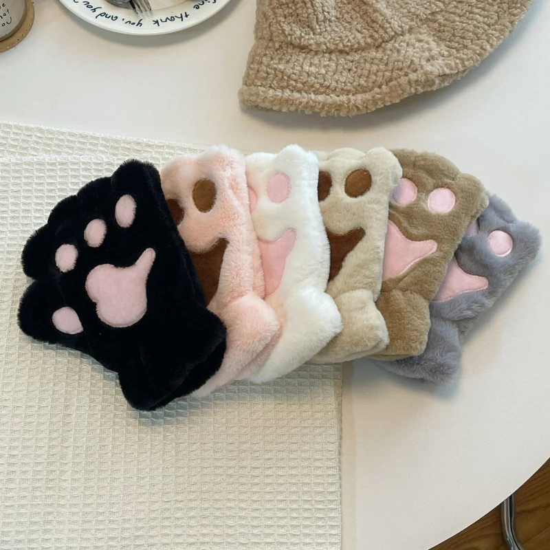 Lovely Plush Cat Claw Paw Gloves Plush Mittens Warm Soft Plush Short Fingerless Fluffy Bear Gloves Costume Half Finger Gloves