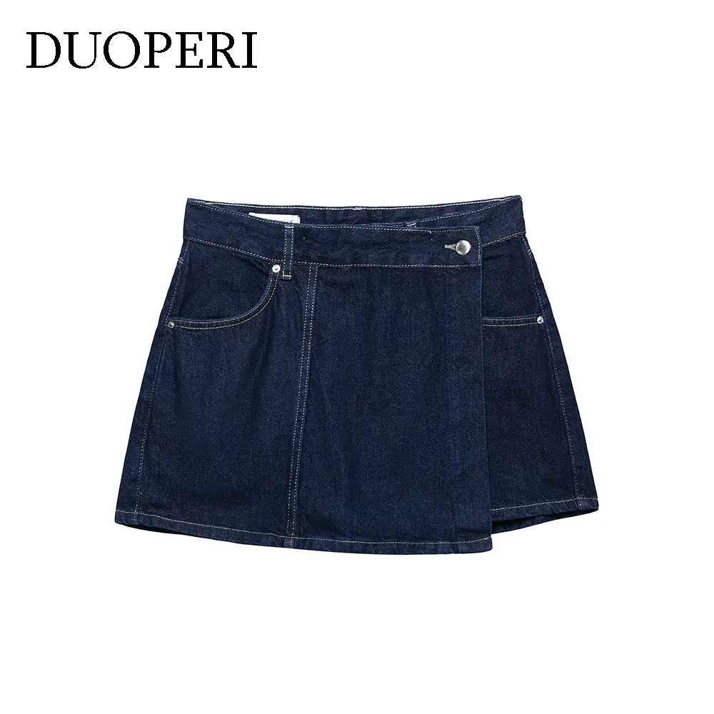 DUOPERI Women Fashion Y2K Denim Navy Blue Front Zipper Mini Skirts Skorts Casual High Waist Female Chic Lady Shorts