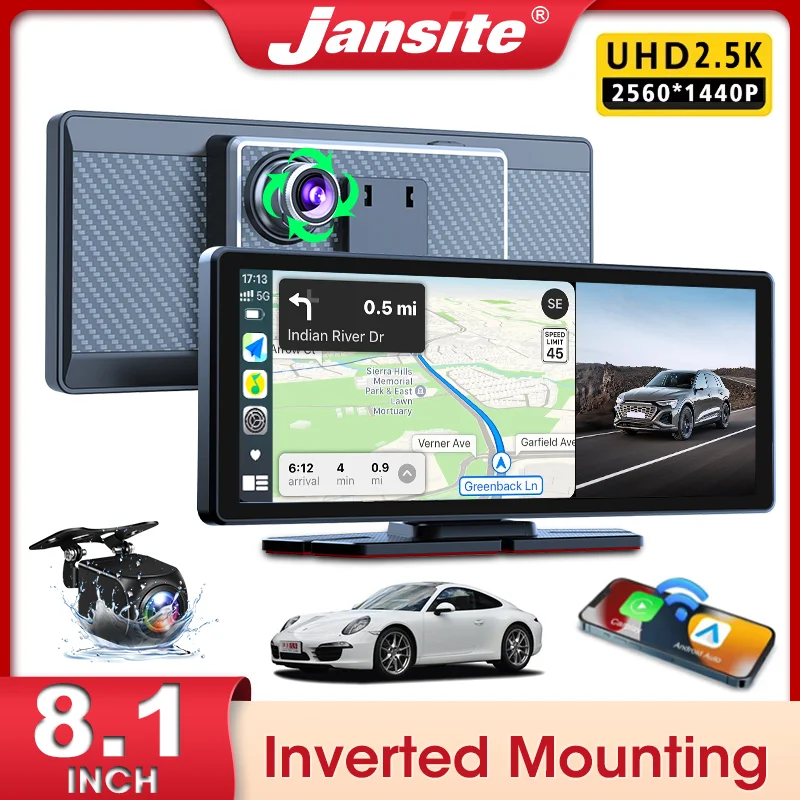 Jansite 8.1'' 2.5K Inverted Mounting Dash Cam Car Radio Wireless Carplay Android Auto Car DVR GPS Navigation Video Recorder WiFi