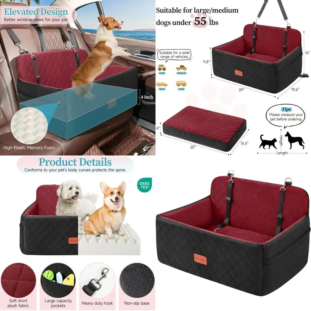 

Среднее/большое автокресло для собак, бустер для собак до 55 фунтов или 2 маленьких собак, съемная и моющаяся задняя сиденье с 2 поводками (