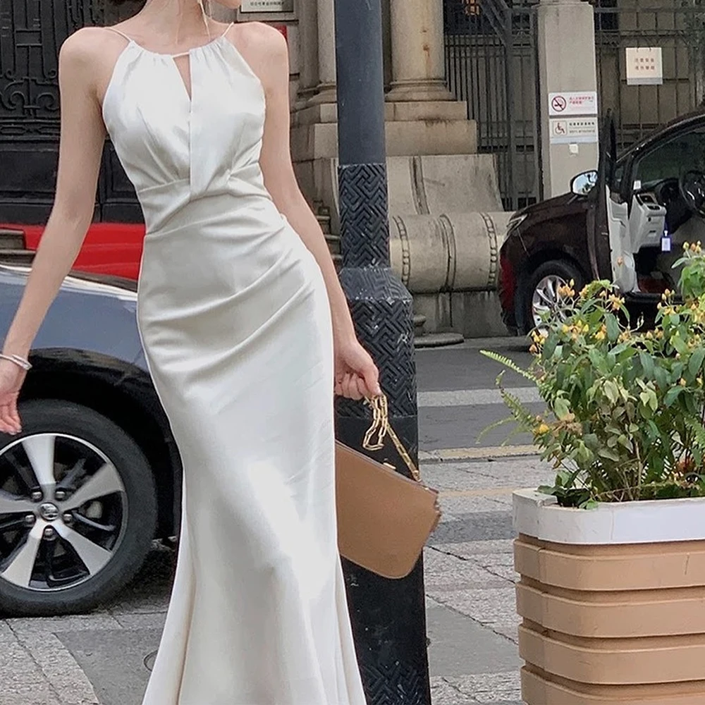 

Evening Dresses Elegant For Wedding Sleeveless Straight Pleats Halter Mermaid Solid Color Floor Length Bespoke Occasion Gowns