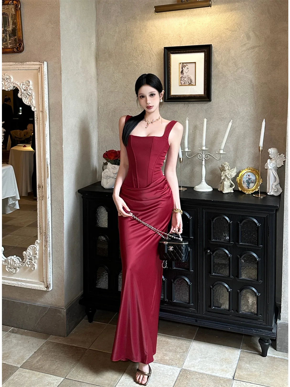 

Sexy Spicy Girl Fishbone Tie Strap Dress Elegant Lady Waist Cinching Gown Long Evening Dress No Sleeve Adult Women's Fashion